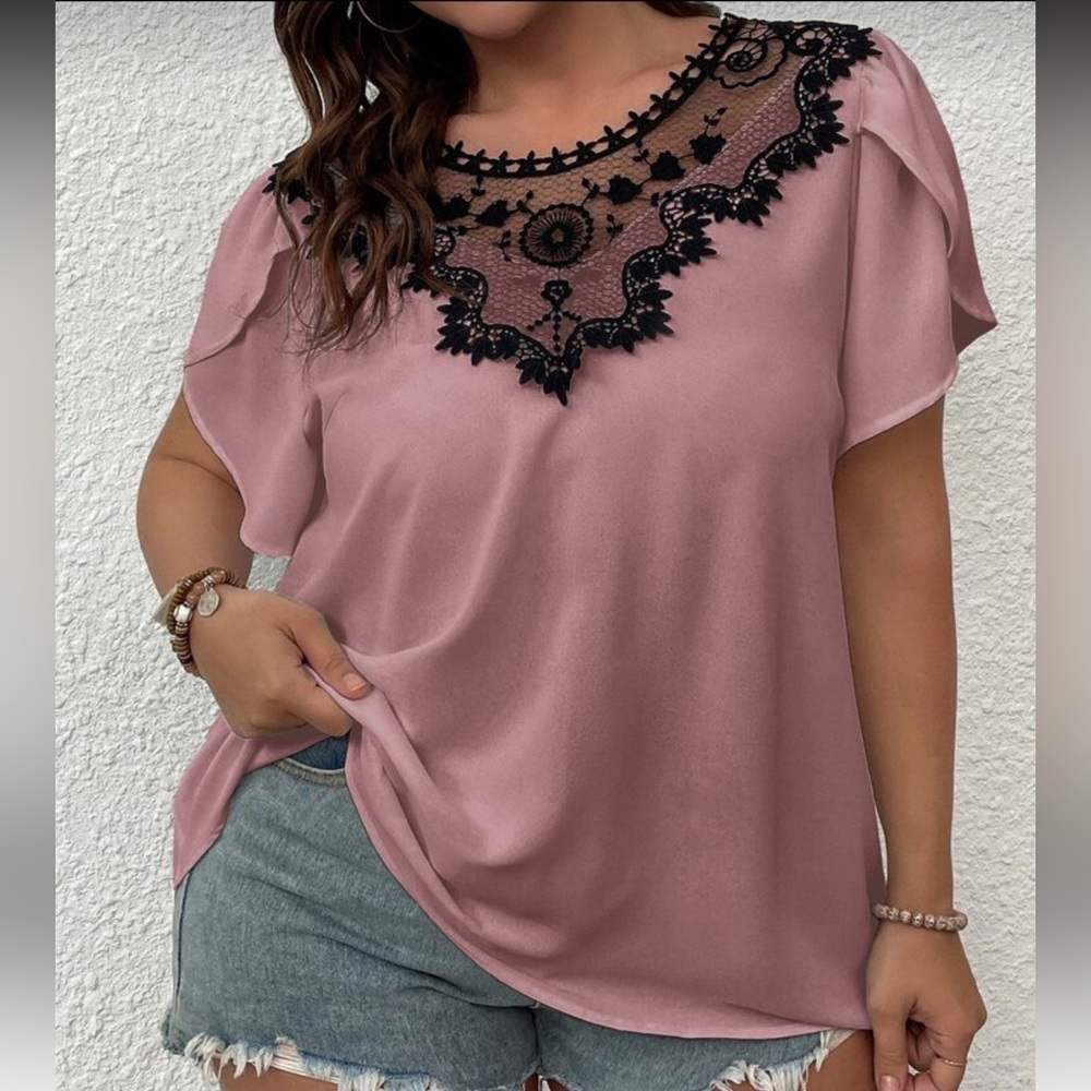 Pink Blouse with Black Lace Detail